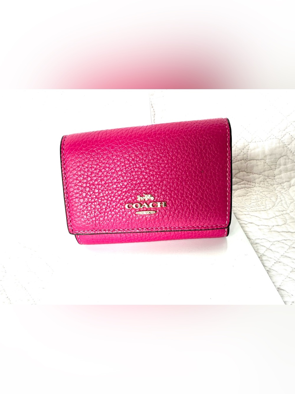Coach Pebbled Leather Compact Wallet in Bright Pink with Gold Logo